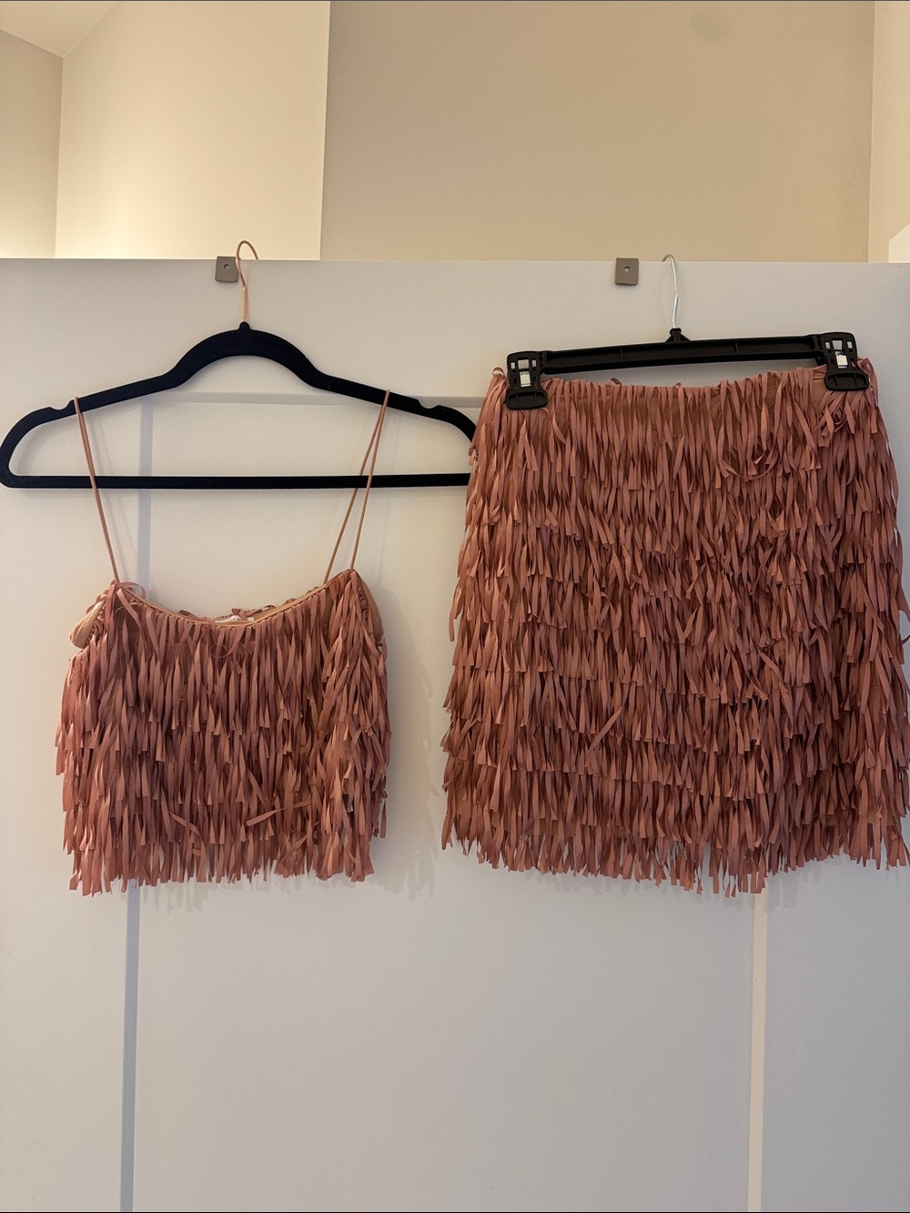 Zara Dusty Rose Fringe Mini Skirt & Crop Top Set
